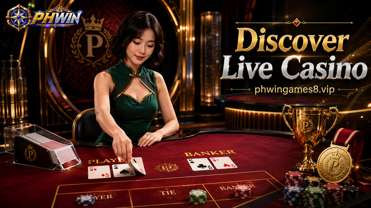PHWIN online casino live-table scene with a dealer, table objects, and concentrated lighting during a quiet pause
